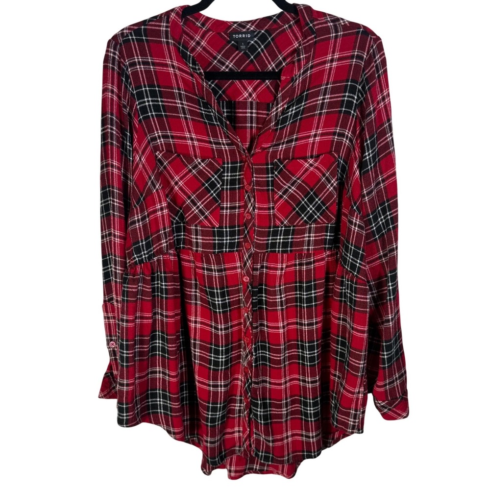 Torrid Red Plaid Button Down Babydoll Tunic Top Long Sleeve Size 1 Plus Size